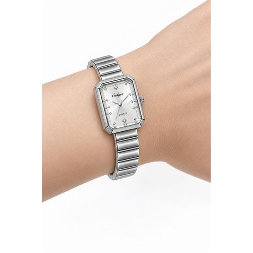 Generic Elegant Women’s Silver Rectangular Watch with White Dial and Crystal Markers – Quartz - image 3