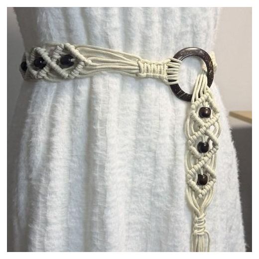 Generic Handwoven Bohemian Macrame Waist Belt with Wooden Beads and a Round Loop for a Beach and Summer Look