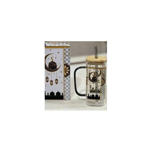 Generic Ramadan Glass Mug with Wooden Lid & Glass Straw