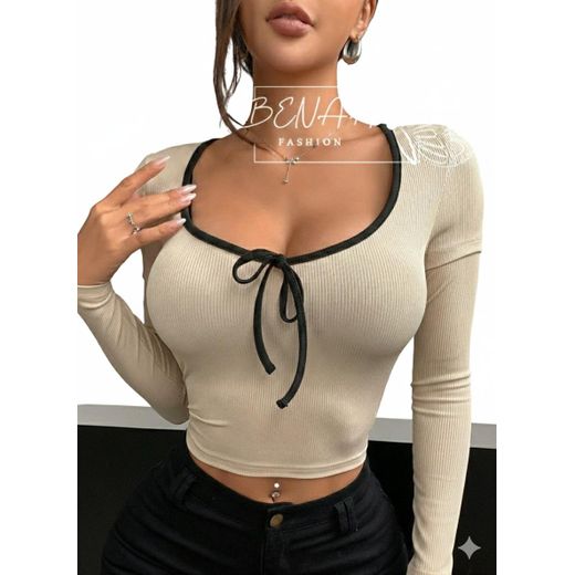 BENAA FASHION Women's Ribbed Cotton Crew Neck Bow long Sleeve T-Shirt - baige - with black stripe