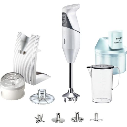 Bamix M200 SUPERBOX Hand Blender Set with Multifunctional Knife, D4 Inserts, Processor, Powder Disc, Tumbler, SlicySy, 200 Watt, 2 Levels, Stainless Steel, Made in Switzerland white
