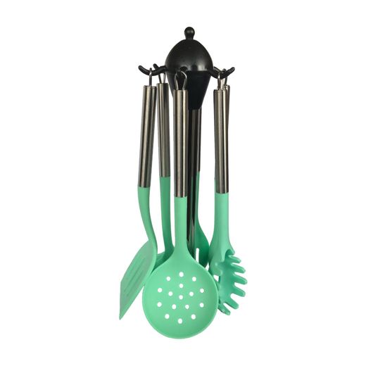 Al Wehda Kitchen Tools With Steel Handle And Stand – 7 Pcs - Mint Green