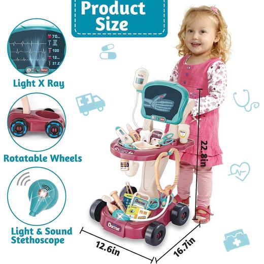 Generic 29-Piece Kids Doctor Medical Cart Playset – Interactive Stethoscope with Sound & Light – X-Ray Diagnostic Panel – 2-Tier Rolling Storage Cart – Non-Toxic ABS Build – Pretend Role-Play Educational Toy for Toddlers & Kids (Shape & Color May Vary) - image 3