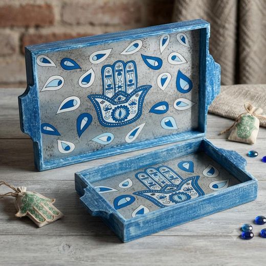 Generic Handmade Wooden Serving & Decorative Tray with Glass Base & Authentic Arabic Calligraphy - Elegant Home & Hospitality Set - 2pcs