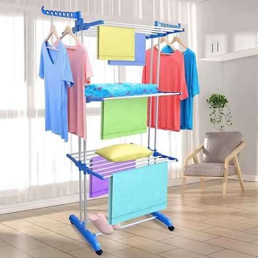 Generic 3-Tier Stainless Steel Foldable Drying Rack with Side Wings and Wheels - image 3