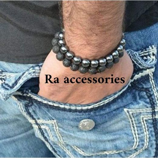 RA accessories أساور للرجال من RA اكسسوارات - مجموعة من قطعتين من حجر اللابة الفضي و الهيماتيت الفضي