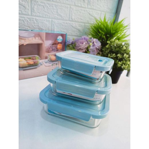 Generic Glass Food Storage Box Set, 3 Pieces Rectangular Food Storage Containers with Pink Plastic Airtight Lids Heat Resistant Microwave - image 4