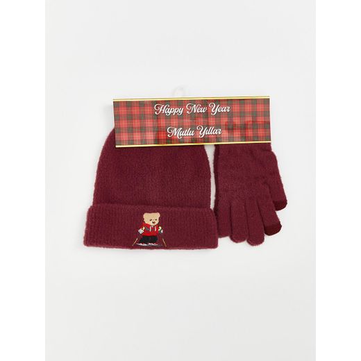 LC Waikiki Bear Teddy Embroidered Women's Beanie And Gloves