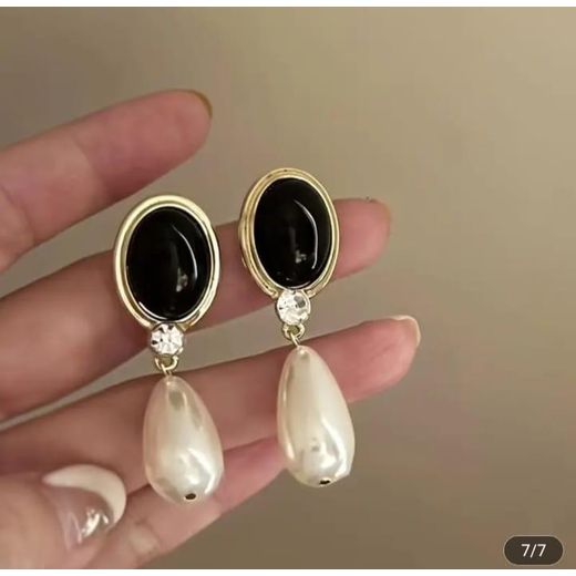 Generic Classic Vintage Black Oval and Teardrop Pearl Drop Earrings - image 2