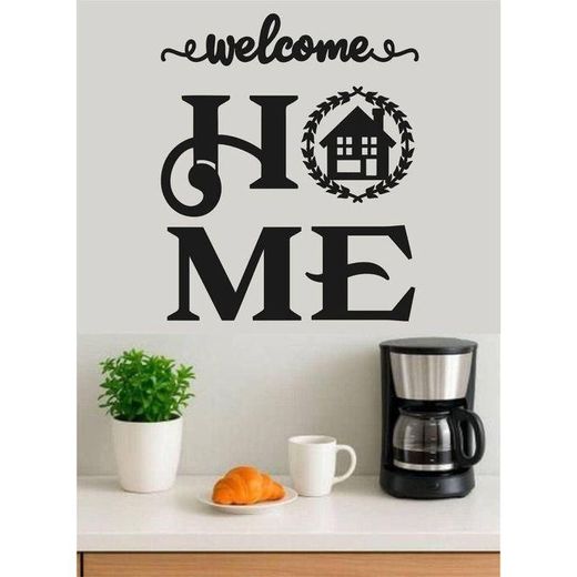 Generic ملصق حائط بعبارة "مرحباً بك في المنزل" (Welcome Home)، ملصق فينيل تزييني بتصميم يضم منزلاً وإكليلاً من الزهور