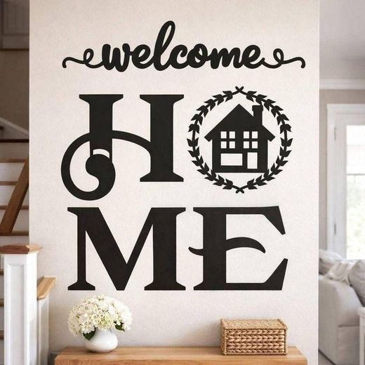 Generic ملصق حائط بعبارة "مرحباً بك في المنزل" (Welcome Home)، ملصق فينيل تزييني بتصميم يضم منزلاً وإكليلاً من الزهور - image 2