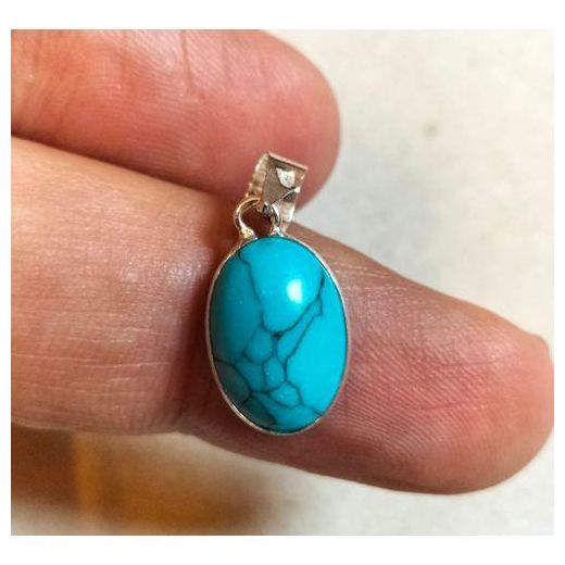 Rare NATURAL Small BLUE TURQUOISE Gemstone Silver Pendant
