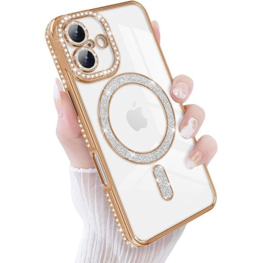 Generic Magnetic Sparkly Glitter Phone Case for iPhone 16 (Compatible with Magsafe), Camera Lens Shockproof Protector Bling Diamonds Soft TPU Cover Girls Women for iPhone 16-Gold - image 3