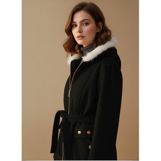 BENAA FASHION Wool coat with a hood, fur trim, long sleeves, modern pockets, and a belt with a long front zipper - BLACK - image 2