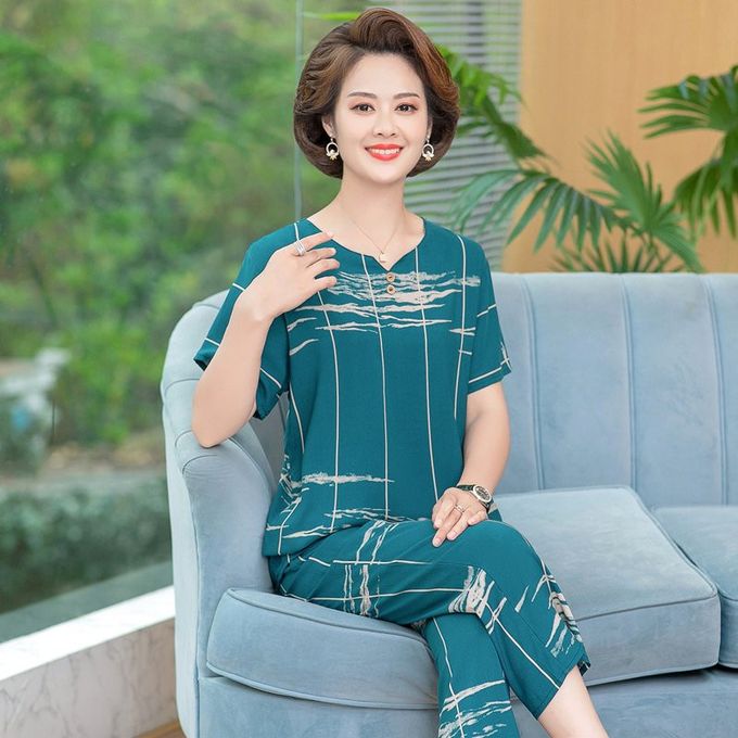 Fashion (Blue)2 Piece Sets Women Summer T-shirt And Pants Summer Two Piece  Set Tops And Pants Middle-aged Print Plaid Casual Women JIN @ Best Price  Online