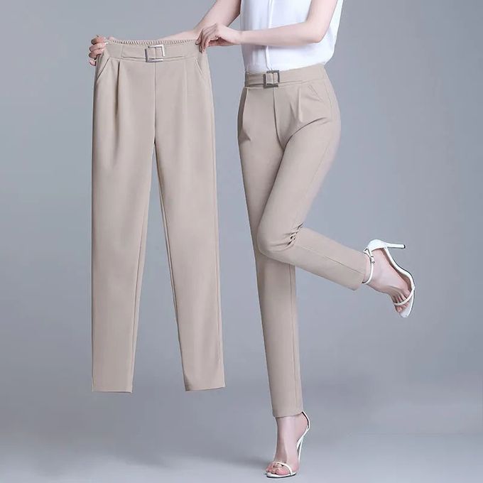 Khaki Pants Women Formal Mid-Rise Elastic Waist Pencil Pants Black Pockets  Office Ladies Work Ankle-Length Trousers Plus Size - AliExpress