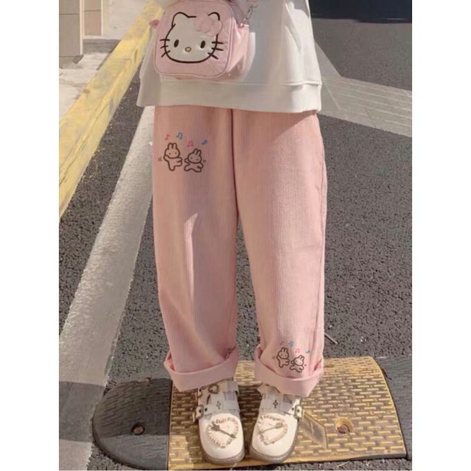 Pink Rabbit Print Corduroy Pants Women High Waist Straight Sweatpants  Korean Cute Sweat Trousers Oversized Baggy