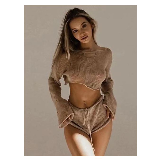 Sexy Beach See Through Crop Top Shorts Sets Women Knit Long Sleeve Lace Up  Female Suit 2023 Summer Holiday Womens 2 Piece Set