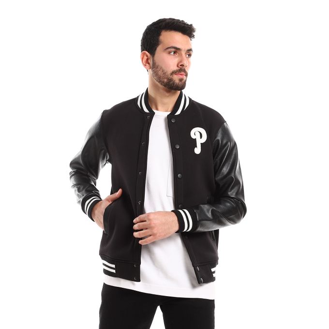 Pavone Press Buttons Cotton Jacket With Leather Sleeves - Black & White ...