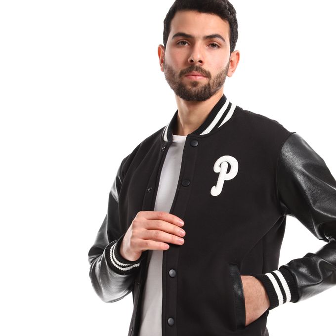 Pavone Press Buttons Cotton Jacket With Leather Sleeves - Black & White ...