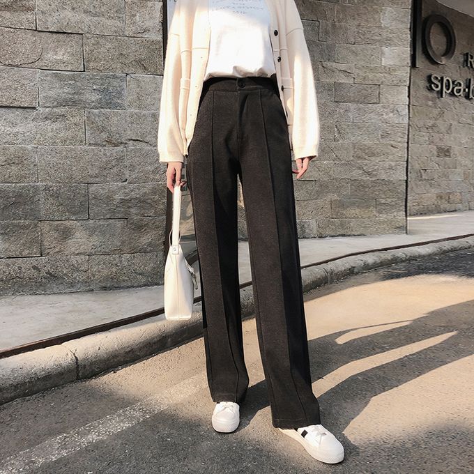 Womens Grey Cropped Sweater Grey Wool Wide Leg Pants Black and White  Leather Platform Loafers White and Black Leather Tote Bag  Lookastic