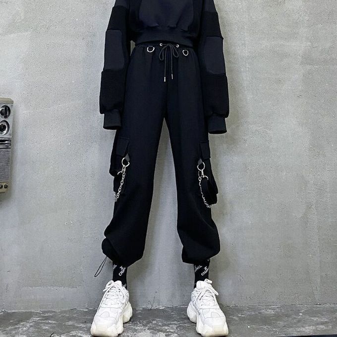 KOMOO Women Harajuku Goth Pants Wide Leg Low Waist Baggy Cargo Pants Grunge  Chain Trousers Streetwear