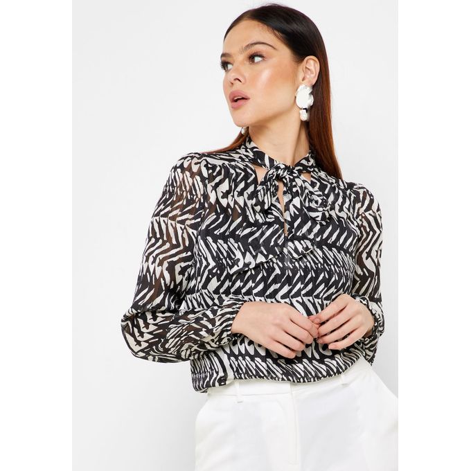 Shop Dorothy Perkins Petite Monochrome Printed Pussybow Blouse Black Jumia Egypt