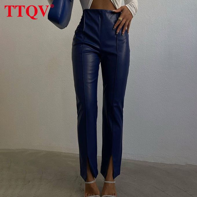 Fashion (Pink)TTQV Elegant Pink Solid Women's Pants 2023 Fashion Slit  Straight High Waisted Trousers Casual Pu Leather Pants Female Clothing DOU  @ Best Price Online