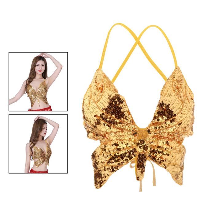 Reetan Sequins Bra Tops Butterfly Crop Top Party Belly Dance Tops Fashion  Rave Costume for Women and Girls