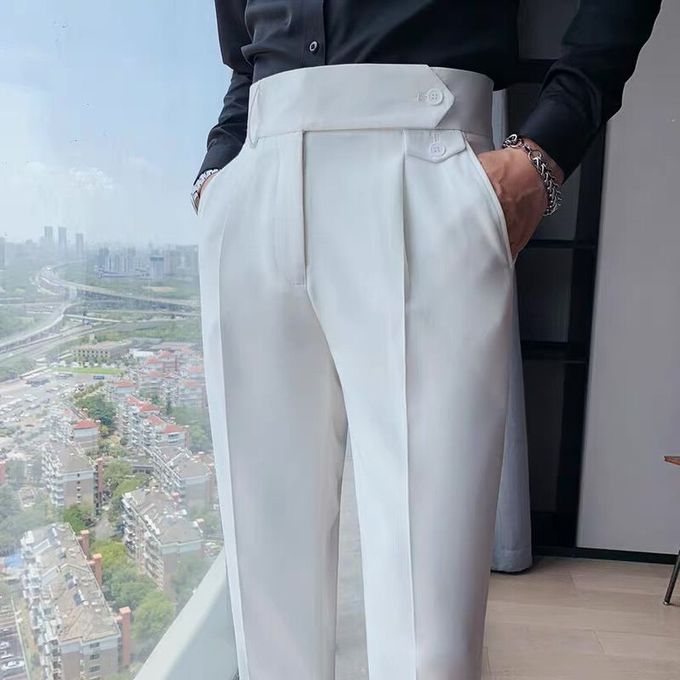 (White)Spring Summer Suit Pants Men's Straight Naples Ruffian Handsome High  Waist Small Trousers British Style Slim Trousers Gentleman XXM