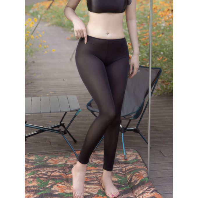 Women's Hollow Out Glossy Long Pants Crotch Opening Tight Leggings Trousers