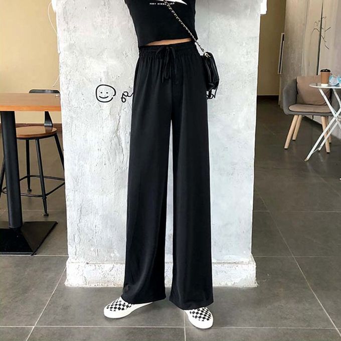 Fashion (Extended-Black)Summer Autumn Women's Pants Loose Classic Black  Straight High Waist Casual Korean Silk Satin Wide Leg Trousers For Women  Pants DOU @ Best Price Online