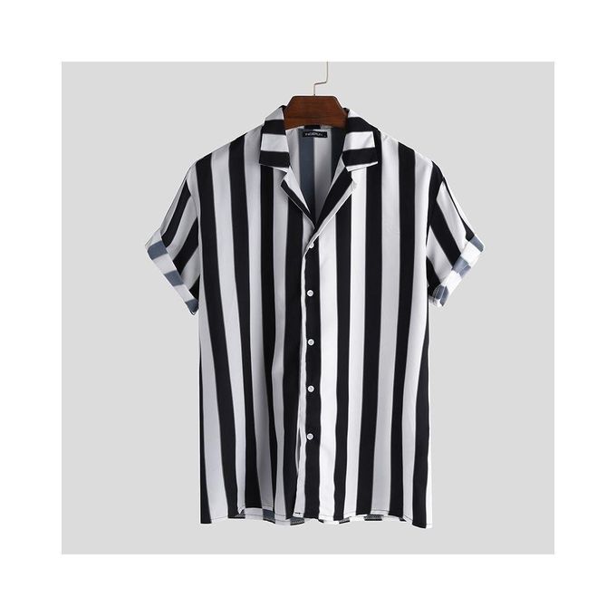 Generic 1PC Men Button Down Short Sleeve Striped Shirt Black and