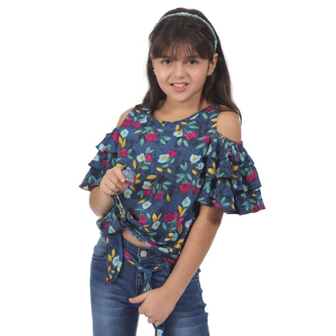 Ktk Dark Blue Flory Shirt For Girls 