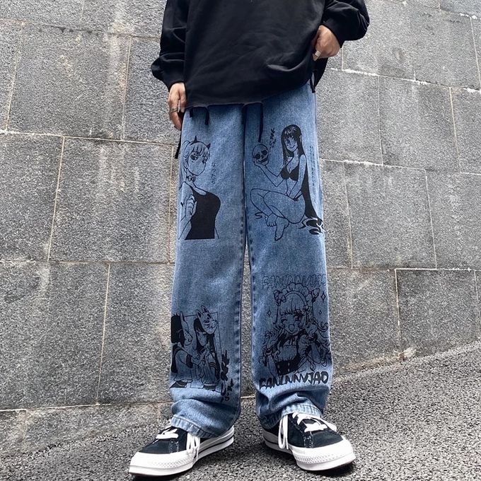 Emo Women's Anime Print Wide Leg Hip Hop Pants | RebelsMarket