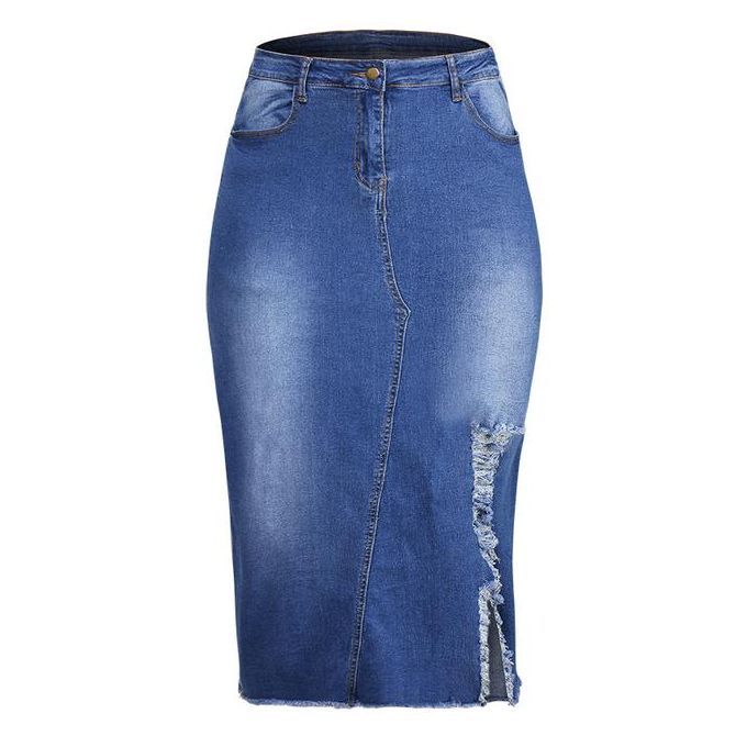 Knee length ripped denim skirt cheap