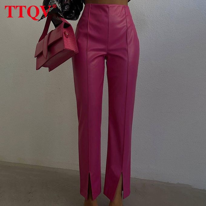 (Pink)TTQV Elegant Pink Solid Women's Pants 2023 Fashion Slit Straight High  Waisted Trousers Casual Pu Leather Pants Female Clothing DOU