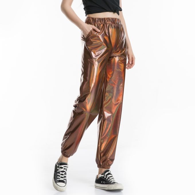 Women Shiny Pants Loose High Waist Metallic Trousers Dance Performance Hip  Hop Pants Streetwear Joggers,pink,L