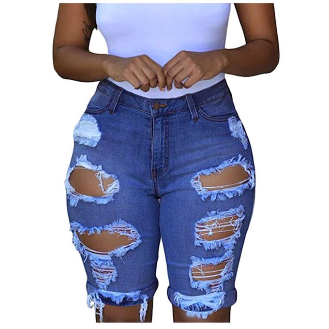 Fashion (Gray)Women Elastic Destroyed Hole Leggings Short Denim