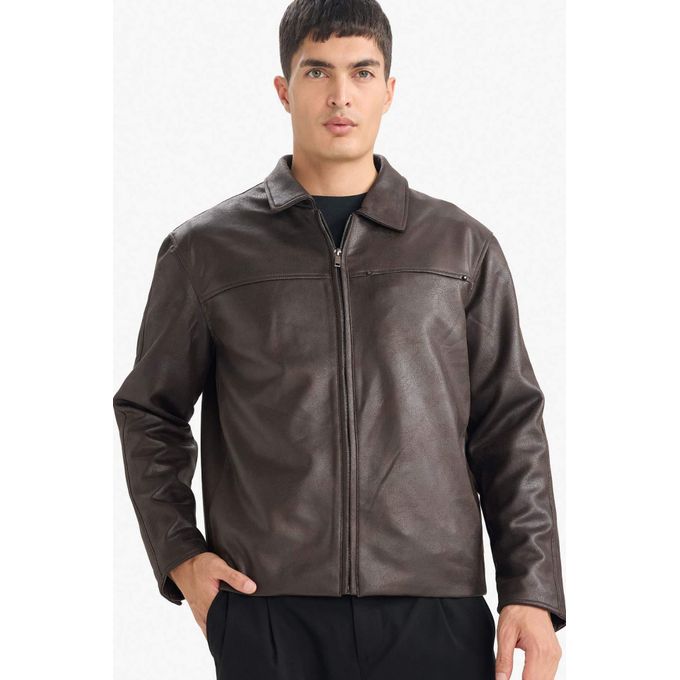 Regular Fit Pockets Polo Collar Faux Leather Jacket