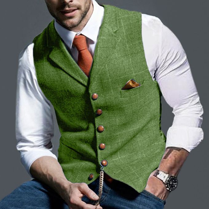 Fashion (01 Ligth Green)Men's Plaid Print Business Vest Suit Fashion  Turn-down Collar Slim Tank Top Coat Spring Single Breasted Blazer Jacket  ACU @ Best Price Online