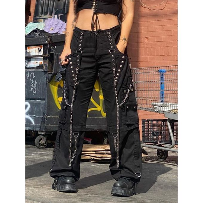 Women Hip-hop Trousers Pants with Chain Pocket Punk High Waist Cargo Pants  Alt Loose Grunge Casual Streetwear, Black, Small : : Clothing,  Shoes & Accessories