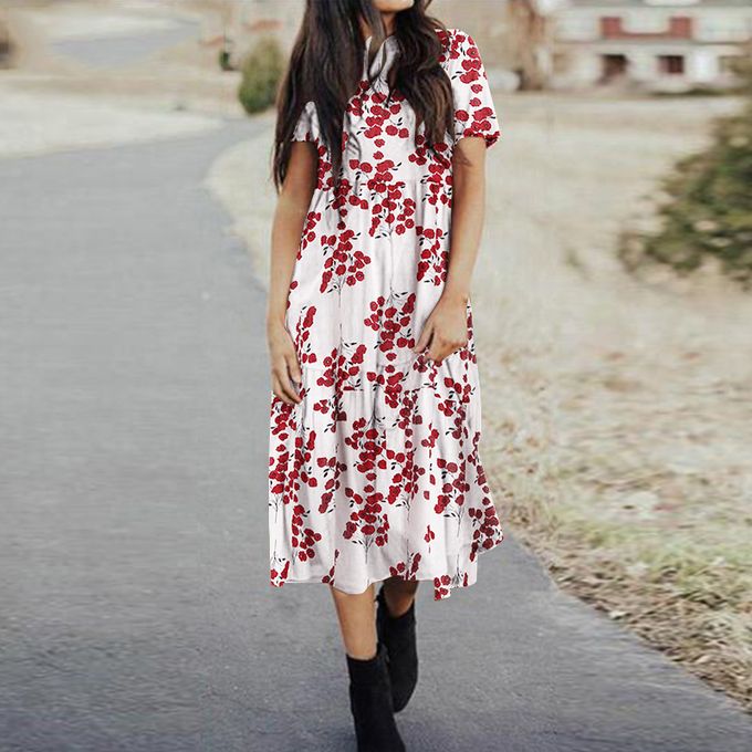 Red Kaftan Dress - White Flowers, LetsDressUp