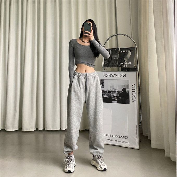  SDCVRE straight trousers Harem Pants Women Korean Style  Streetwear Cool Teens Leisure All-match Solid Running Pantalones Mujer  Drawstring Casual,gray,XXL : Clothing, Shoes & Jewelry