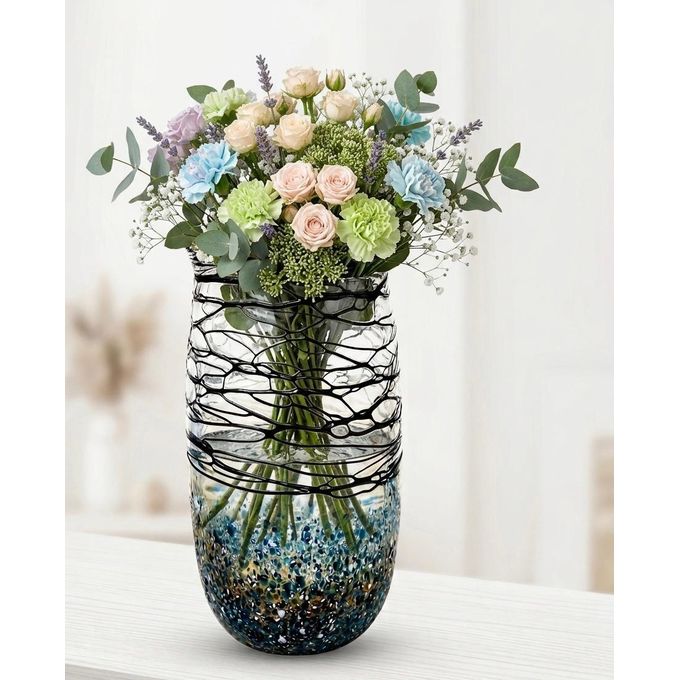 Modern Decorative Glass Vase - Black Swirl Design with Blue