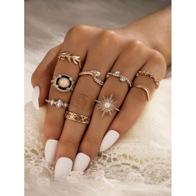 9pcs/set Fashionable Rhinestone & Leaf Decor Twist Design Ring For