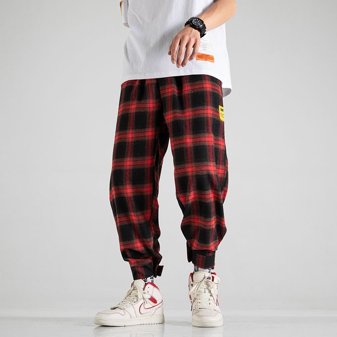 Plaid black and red pants clearance