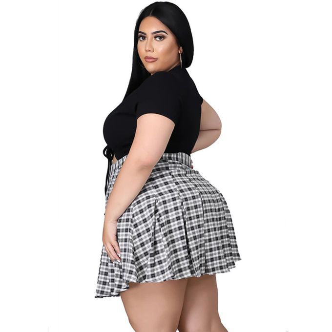 Fashion (black)Plus Size Sets Skirts Women Fashion Lace Up Crop Top Mini  Plaid Skirt Two Piece Suit Solid Uniform Summer Wholesale Dropshipping JIN  @ Best Price Online