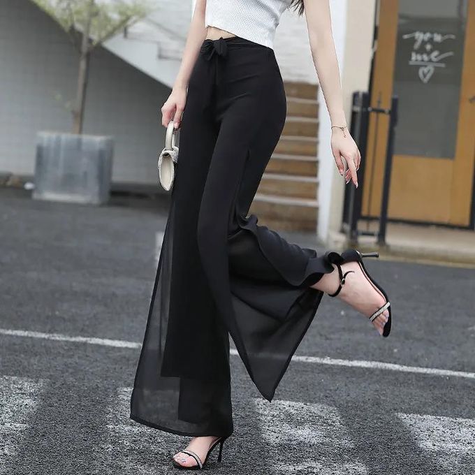 Wide Leg Pants for Women Chiffon Pants Summer Korean Fashion High Waist  Lace Split Leg Trousers Casual Black at  Women's Clothing store