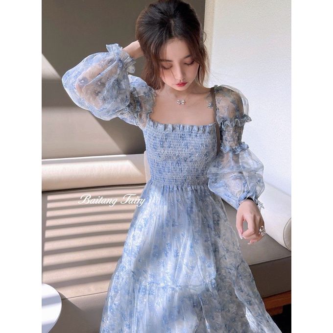 (Blue)Summer Lace Elegant Midi Dress Women Puff Sleeve Square Collar Boho  Beach Floral Dress Female Party One Piece Dress Korean DOU